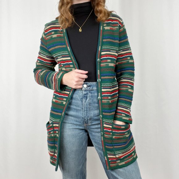 Stunning Vintage Coogi Style 3D Knit Cardigan Grandpa Sweater Long Duster Jacket - Picture 2 of 8